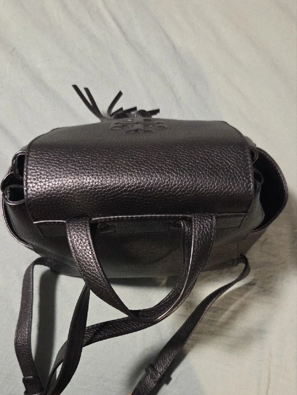 Tory Burch Black Pebbled Leather Tassel Backpack